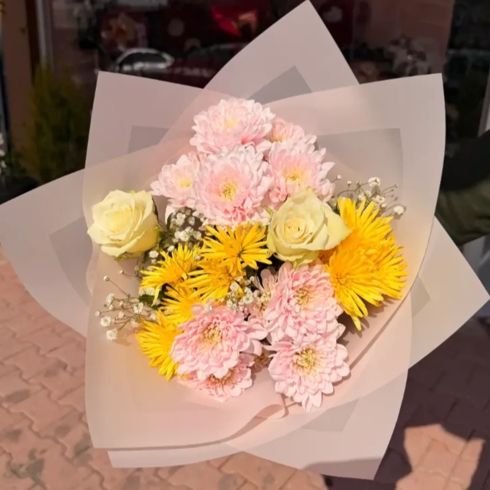 Sarı Pembe Krizantem & Beyaz Gül